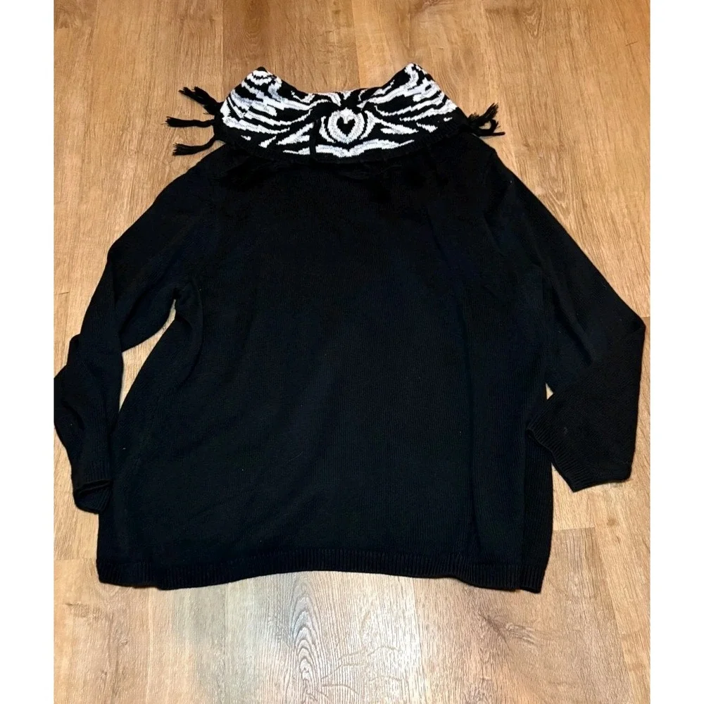 CJ Banks Sweater 2X Fringed Cowl Collar Black White‎ Silver Sparkle Metallic